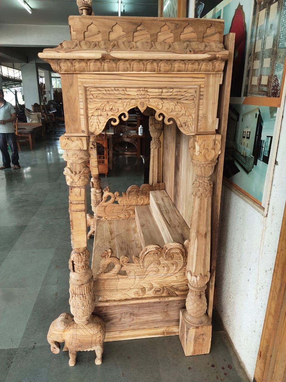 Tiered Shikhara Teak Home Mandir with Carved Pillars