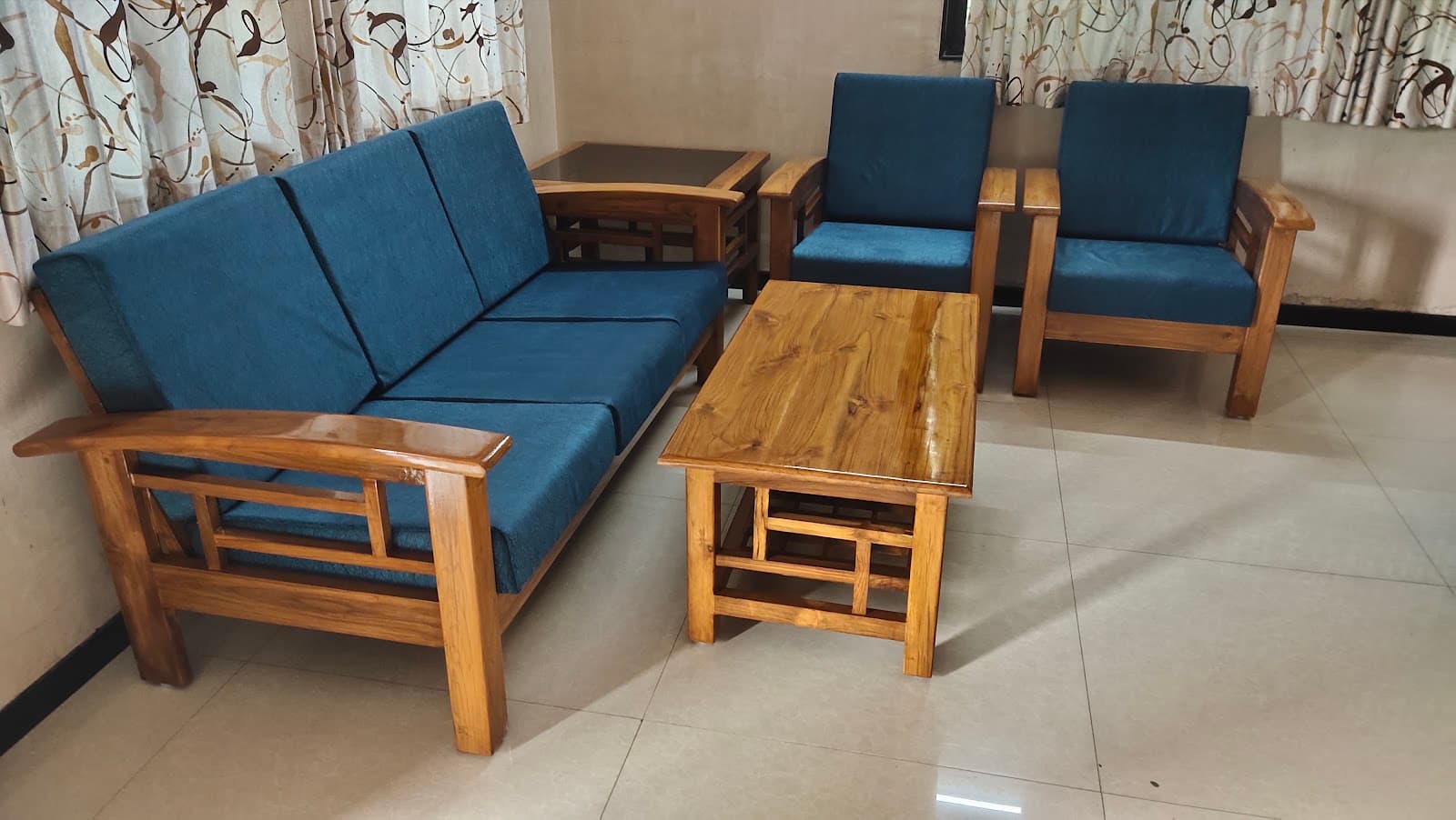 Delivered Living Room Suite with Royal Blue Cushions